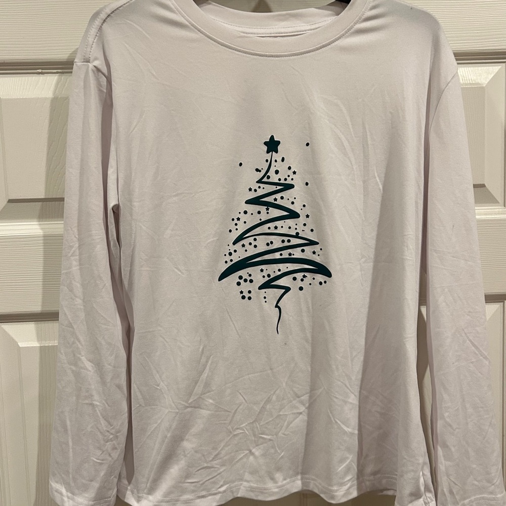 White Long Sleeve Shirt with Christmas Tree Design